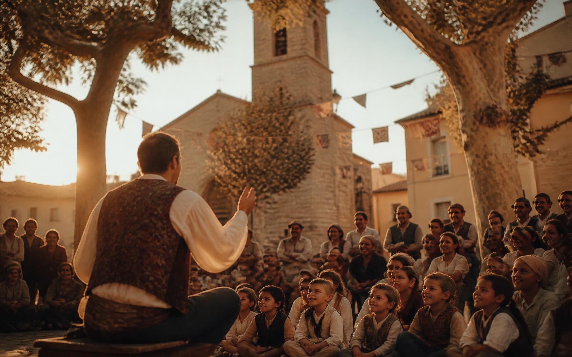Cuentacuentos en una plaza valenciana al atardecer